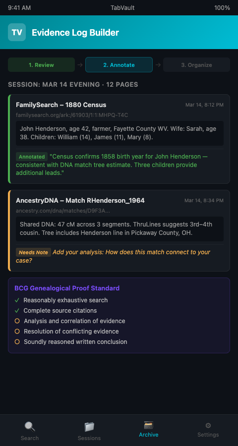 TabVault dashboard showing creating your first evidence log from indexed browser sessions