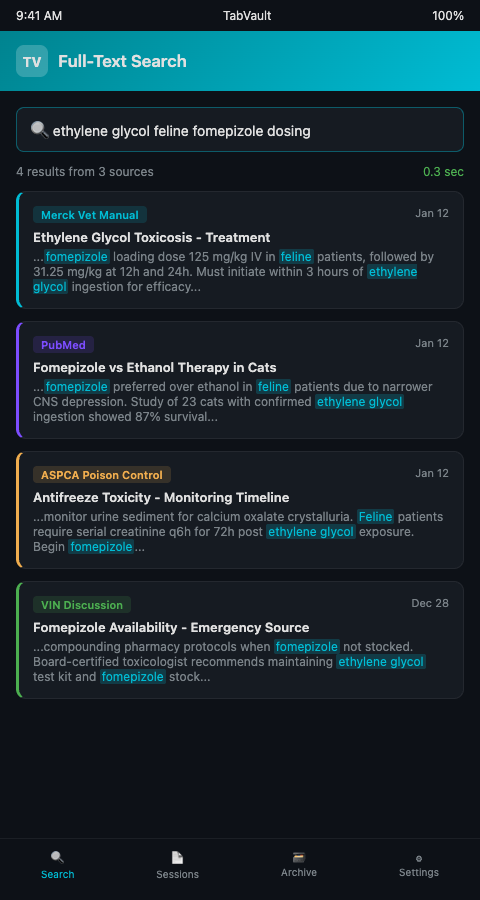TabVault dashboard showing what full-text tab search means for veterinary poison control