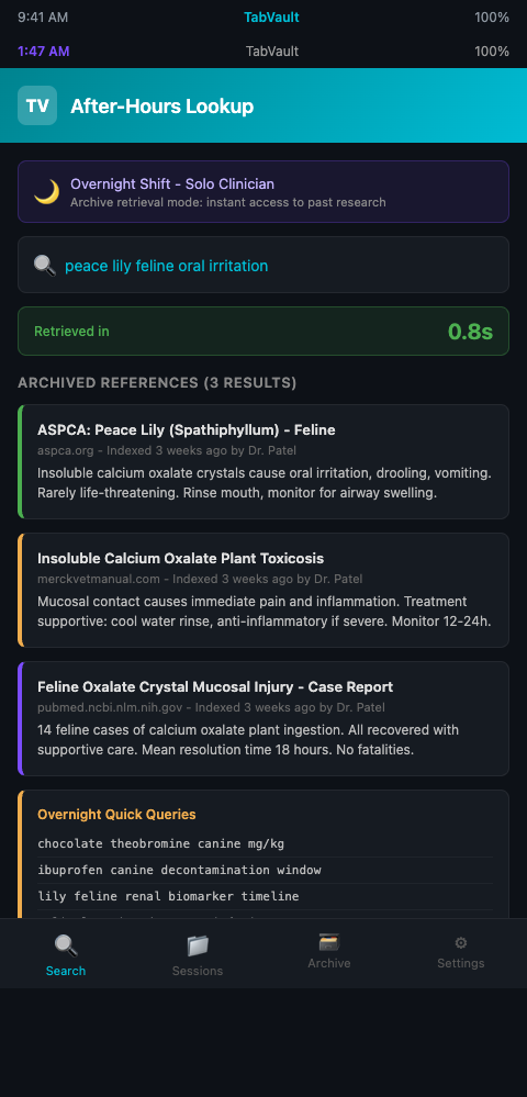 TabVault dashboard showing tab indexing for after-hours poison control consultations