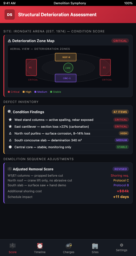 Structural deterioration aging arena handling interface showing element-level condition ratings, capacity reduction factors, modified sequence annotations, and adjusted material recovery projections on the visual demolition score