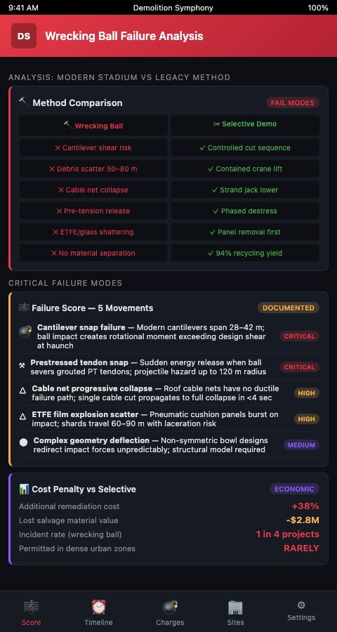Demolition Symphony Planner visual score for a modern stadium showing precision demolition sequencing — high-reach excavator zones, hydraulic shear positions, and material stream windows — contrasted with a wrecking ball impact simulation showing debris scatter and material intermixing