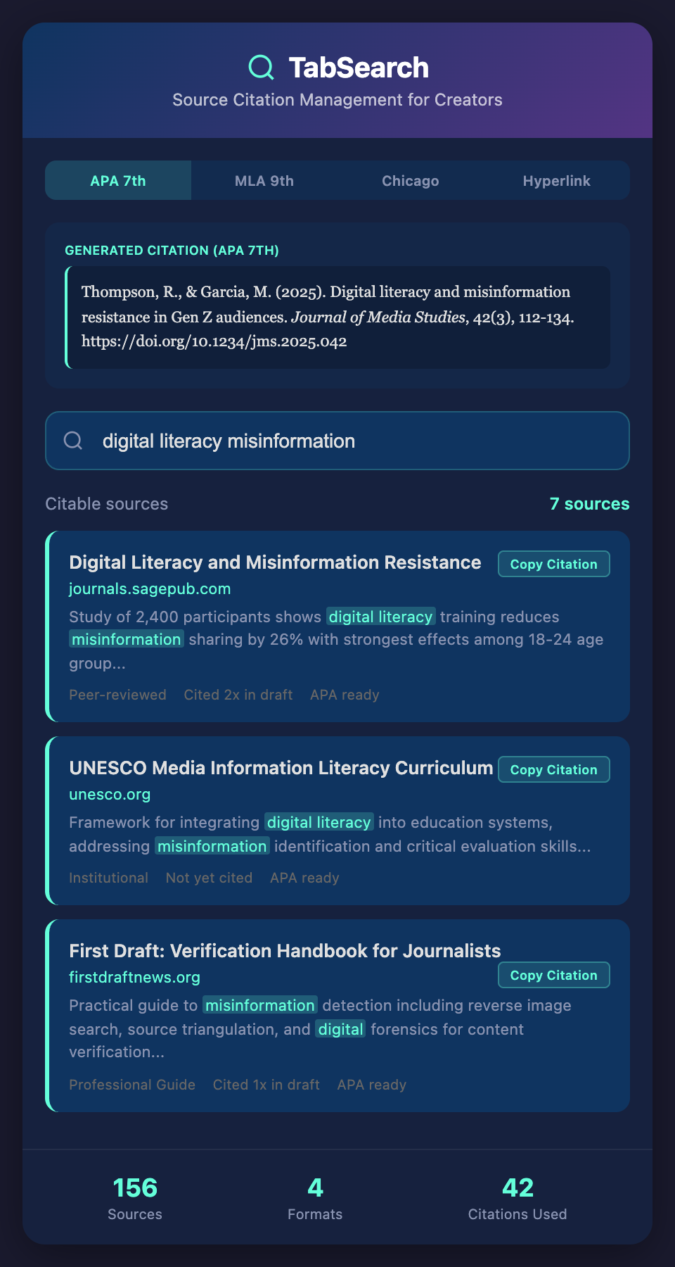 TabSearch Citation Management mockup