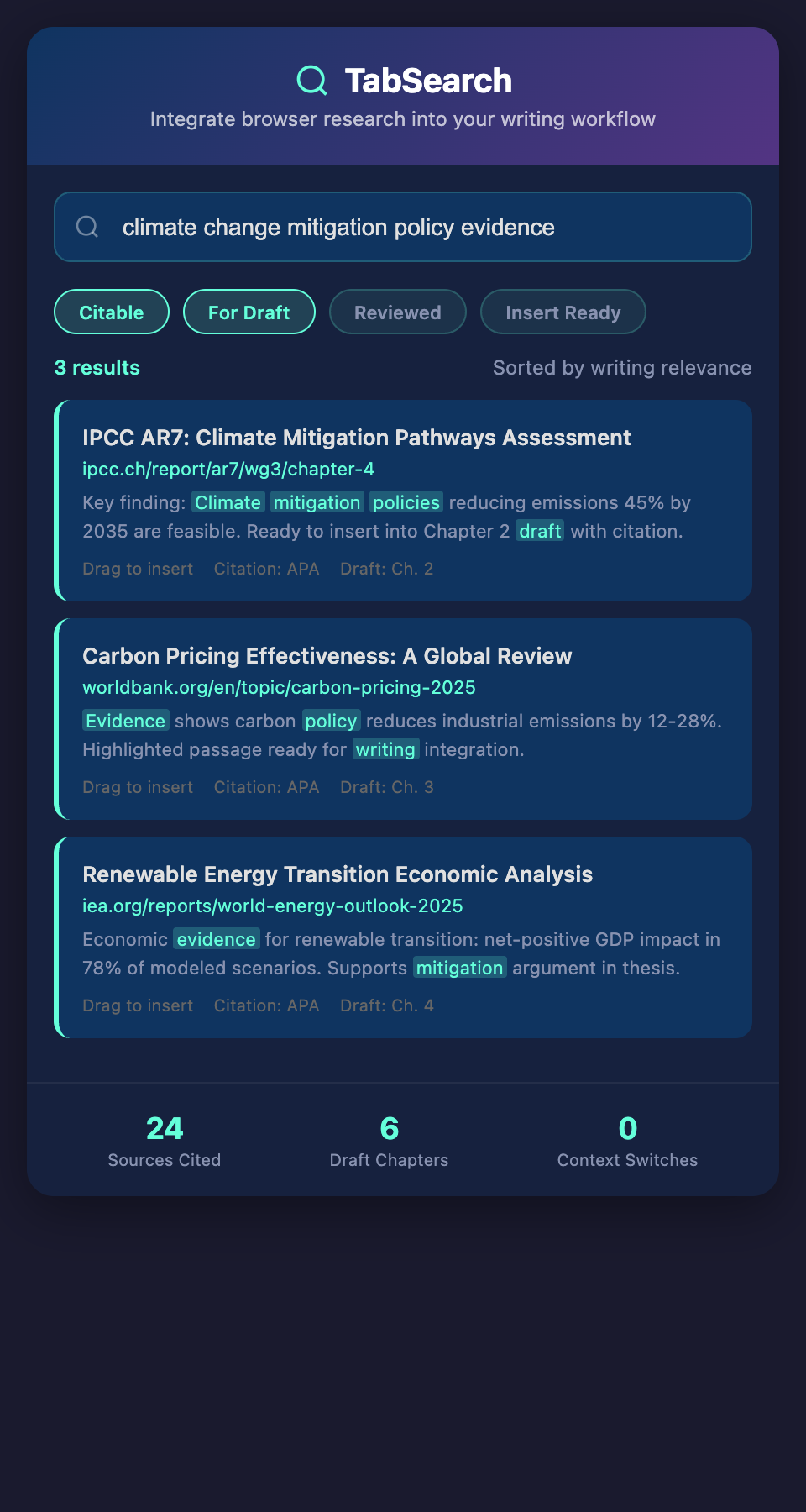 TabSearch Research Writing Integration mockup