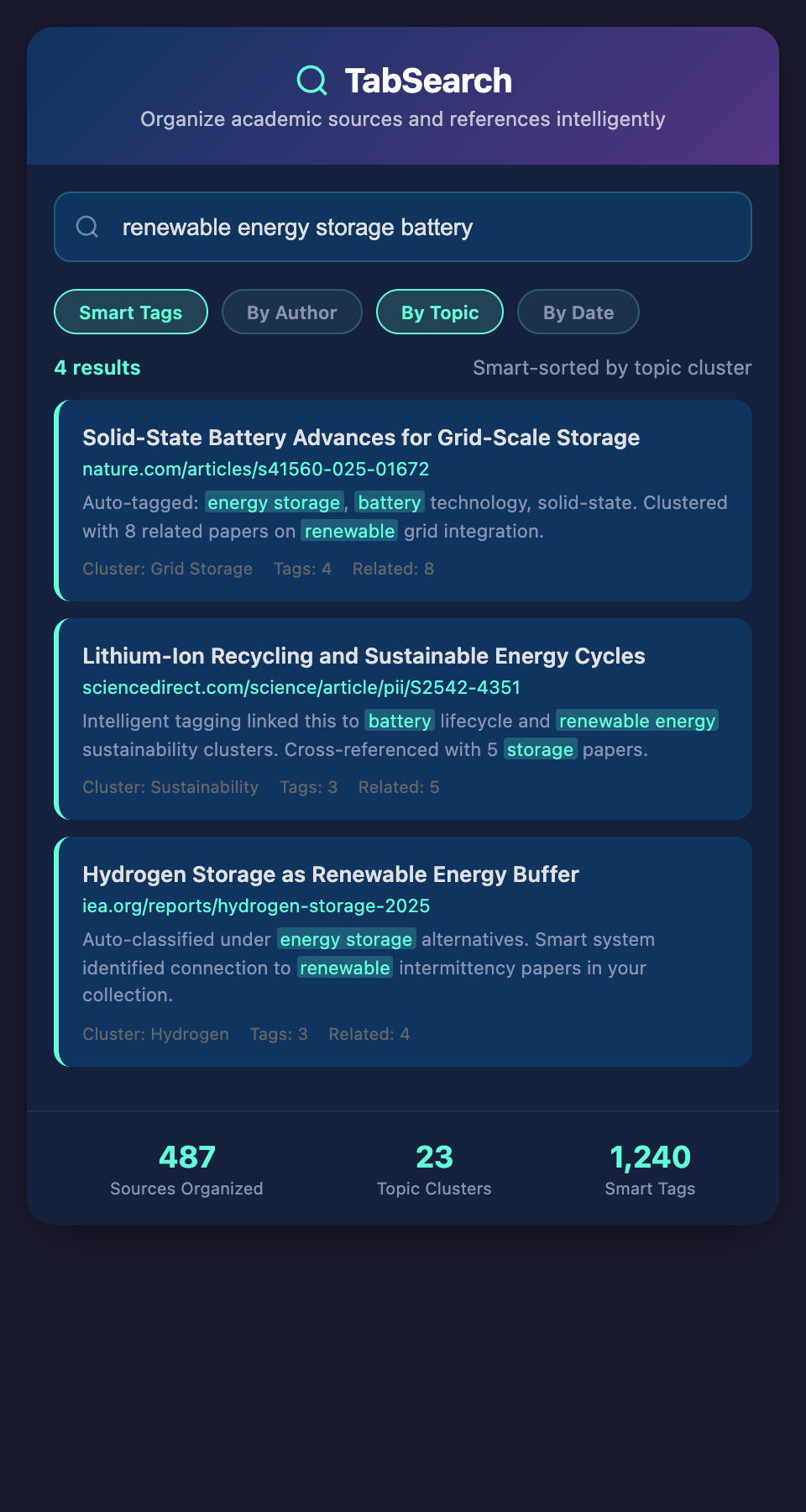 TabSearch Academic Reference Organization mockup