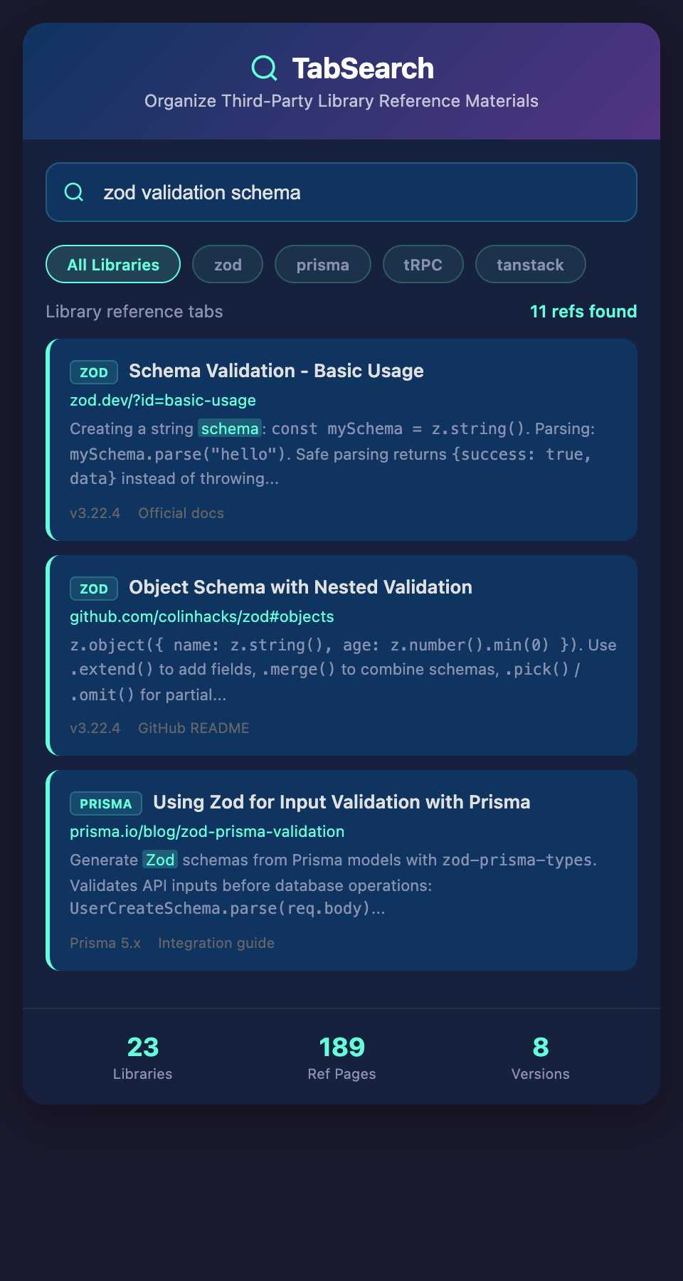 TabSearch Library Reference Organization mockup