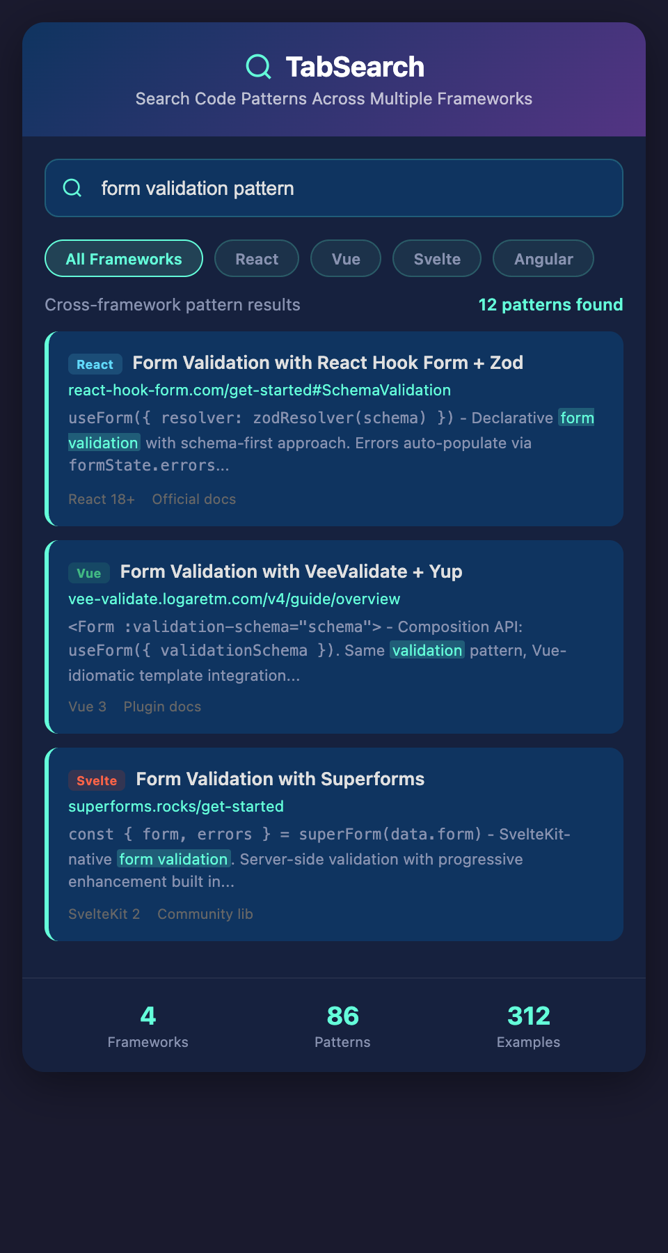 TabSearch Cross-Framework Code Patterns mockup