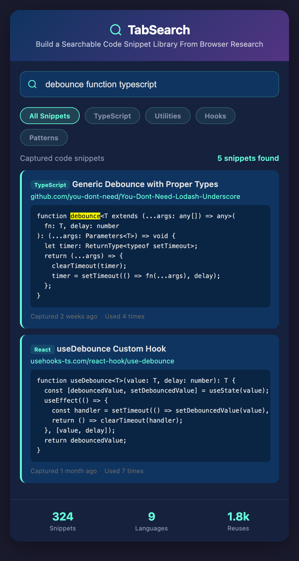 TabSearch Searchable Snippet Library mockup