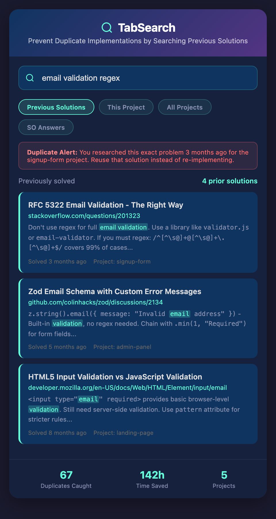 TabSearch Duplicate Implementation Prevention mockup