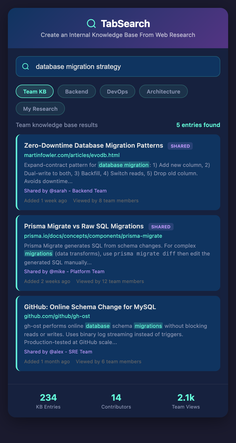 TabSearch Internal Knowledge Base mockup