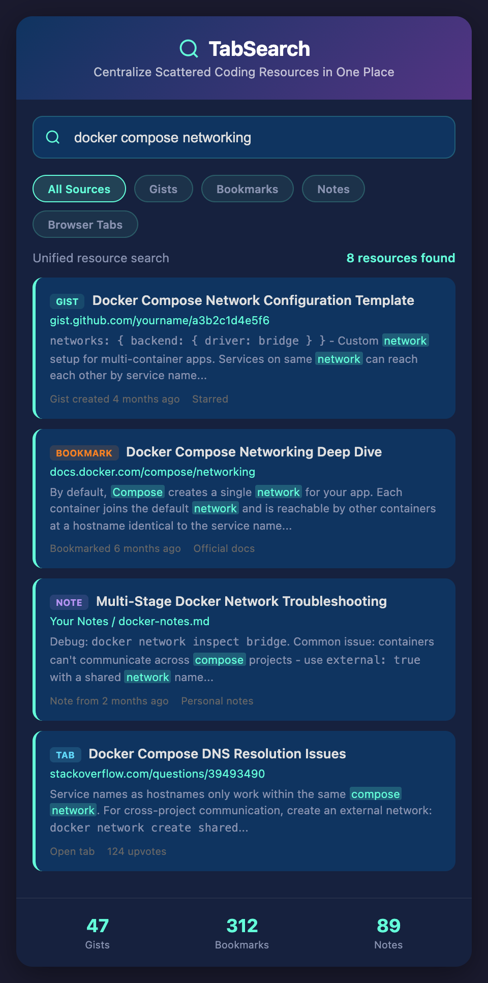 TabSearch Centralized Coding Resources mockup